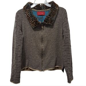 Vintage Eva & Claudi Y2K Floral Wool Blend Faux Fur Leopard Collar Cardigan Larg